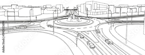 Urban traffic junction with cars, buildings, and streetlights in a line drawing