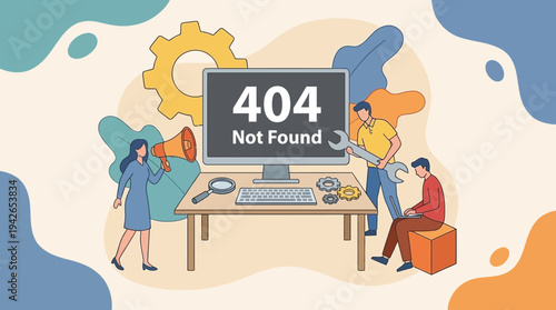 404 Not Found Error Page Illustration with Technical Support Team Fixing Website Connection Problems and System Maintenance Concepts