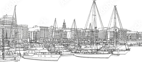 Boats docked in a harbor with historic buildings in the background, outlined sketch