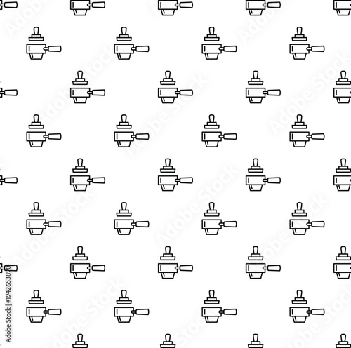Seamless pattern featuring outline icons of portafilters and tampers for coffee preparation