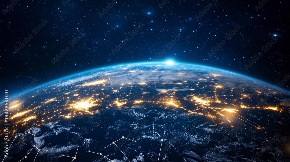Obraz premium Earth at Night with City Lights and Network Connections