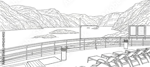 Deck chairs overlook a serene fjord with dramatic mountains and islands