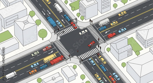 Aerial View of a Busy City Intersection with Cars and Buildings.
