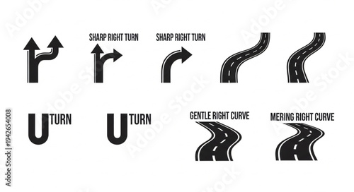 Road Direction Icons - Sharp Turns, U-Turns, and Gentle Curves.