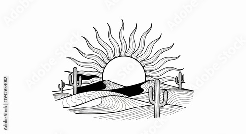 Stylized desert sunrise with cacti and rolling sand dunes