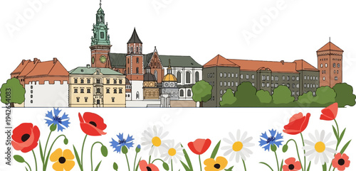 Stylized cityscape with a prominent clock tower, various buildings, and a foreground of colorful wildflowers