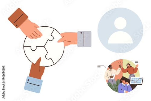 Collaboration, teamwork, problem-solving, business strategy, leadership, diversity. Hands connecting puzzle pieces, team discussions and user icon. Collaboration and teamwork concept illustration