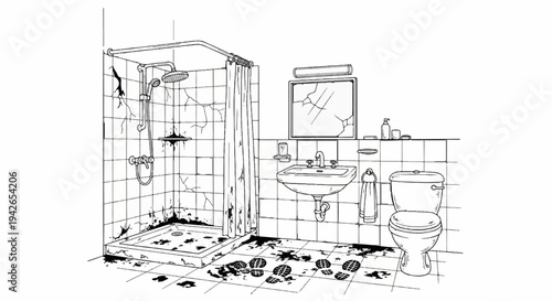 A grimy, damaged bathroom with a shower, sink, and toilet, showing signs of neglect