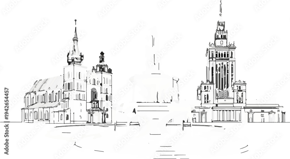 Obraz premium Sketch of a cityscape featuring ornate buildings and a prominent tower