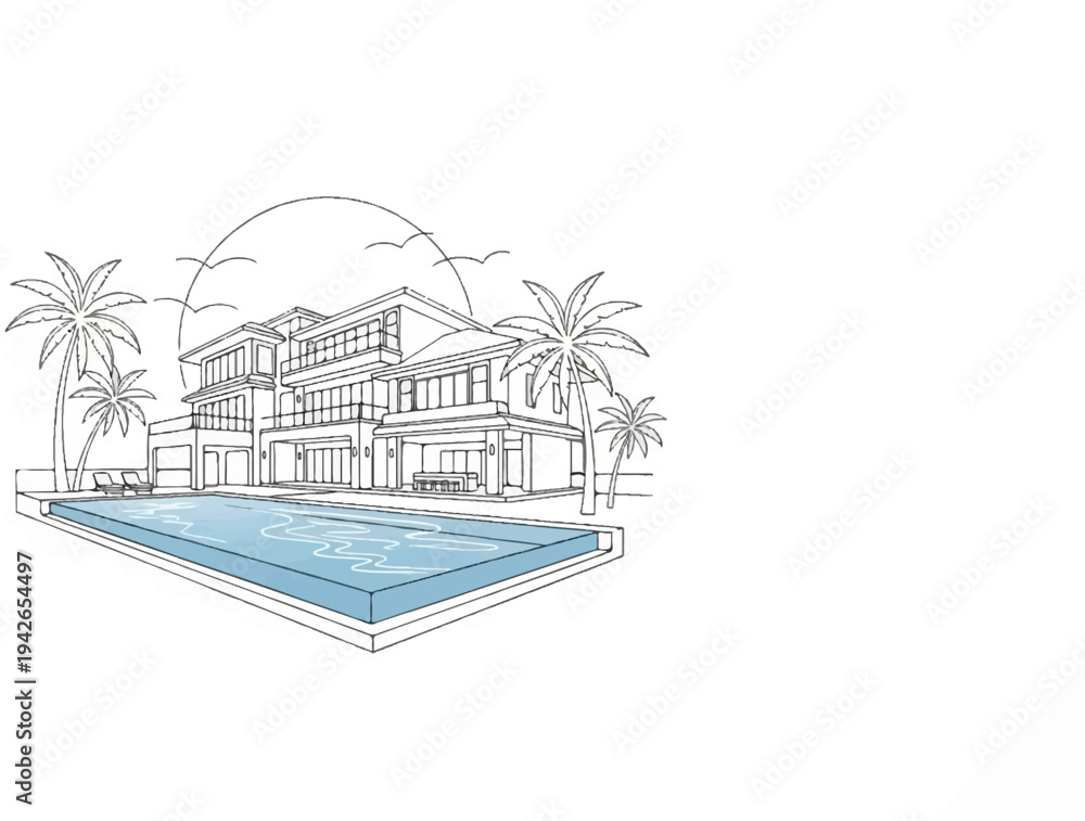 Obraz premium Sketch of a modern house with a swimming pool and palm trees under a sky
