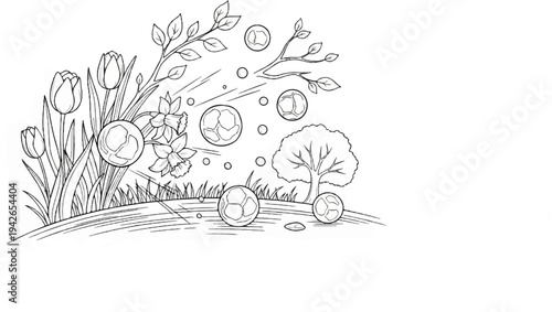 Spring scene with tulips, daffodils, a tree, and soccer balls in air