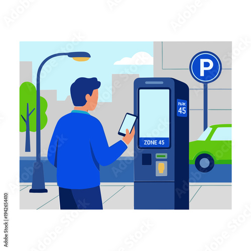 Man uses phone beside parking meter on city street with car