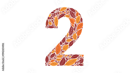 The number two is beautifully designed using a dense pattern of colorful autumn leaves in warm shades of orange, red, and brown on a white background.