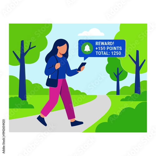 A woman walks on a path in a park while checking her phone with a notification about a reward.