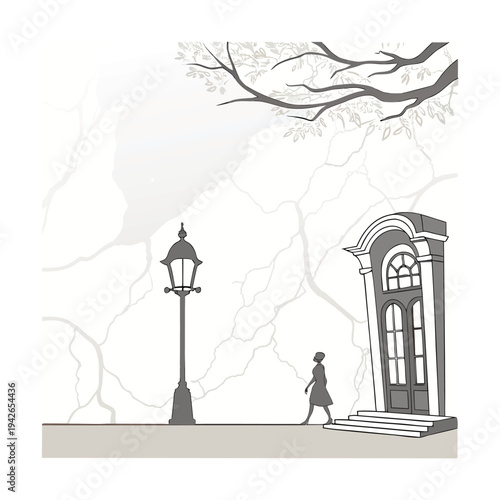 Vector illustration of a person walking past a lamppost and building entrance