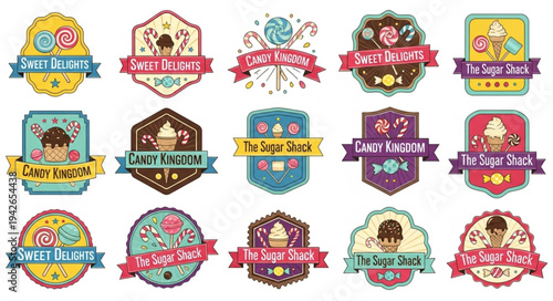 Collection of colorful and whimsical candy shop logo designs with various sweet treats and playful typography.