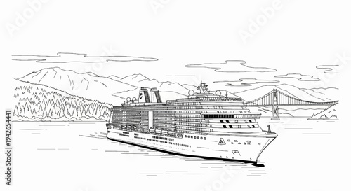 A large passenger ship sails in the bay, with a suspension bridge in the background