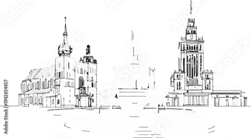 Sketch of a cityscape featuring ornate buildings and a prominent tower