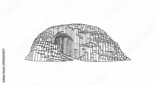 Black and white sketch of hexagonal basalt columns forming a natural structure