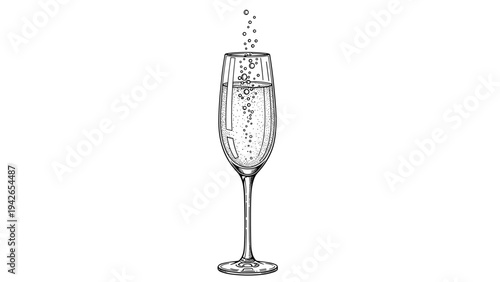 A classic hand-drawn sketch of a champagne flute filled with sparkling wine and rising bubbles, depicted in a detailed black and white engraving style.