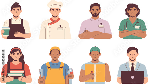 Various cartoon people in different professions and uniforms smiling at work  office workers and chefs