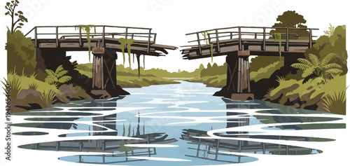 Broken wooden bridge over a calm river surrounded by lush vegetation