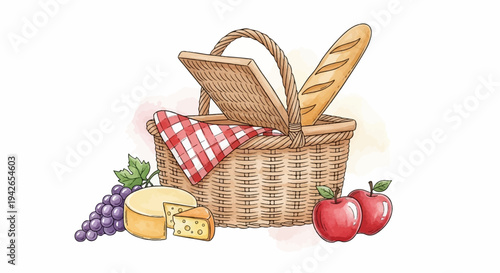 A picnic basket overflowing with fresh food items, including bread, cheese, grapes, and apples