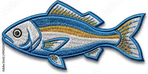 Embroidered fish patch with blue, white, and gold stripes