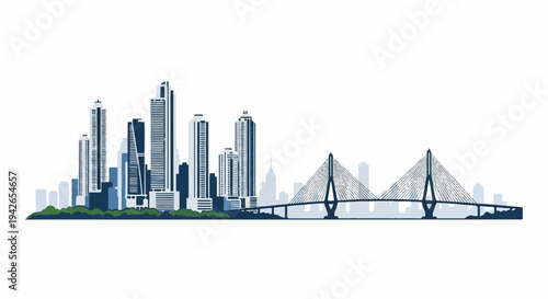 Stylized cityscape with skyscrapers and a suspension bridge