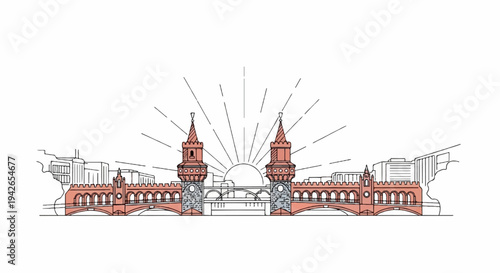 Stylized drawing of a historic bridge with twin towers and sunburst