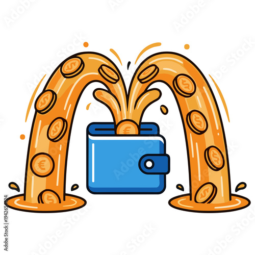 Coins pouring out of a blue wallet in an illustration