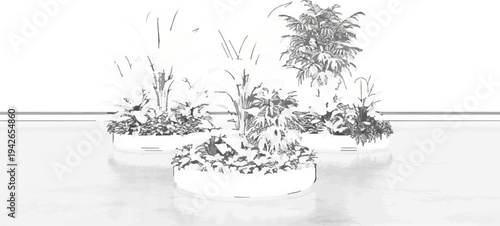 Stylized sketch of three potted plants with lush foliage, set against white