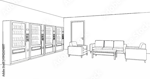 A waiting area with multiple vending machines, seating, and a door