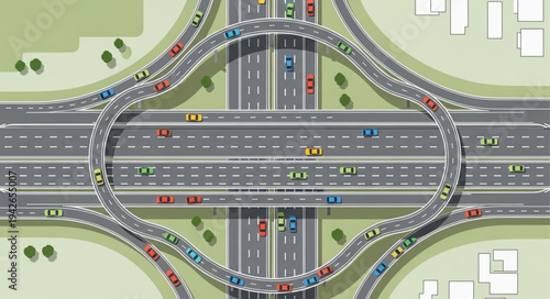 Aerial View of a Cloverleaf Interchange with Traffic.