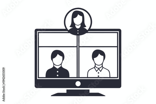 Flat with People on Computer Screen with White Background