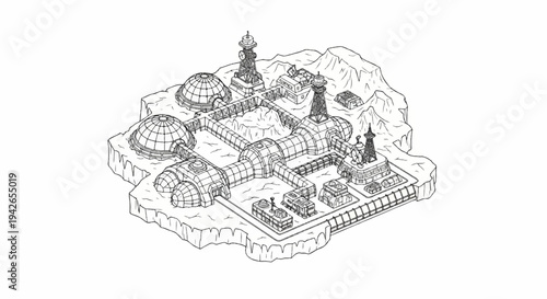 Futuristic outpost with geodesic domes and towers on rocky terrain