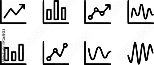 Collection of hand drawn black line graph showing upward trends and data visualization