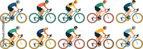 Group of cyclists riding bicycles in different colorful outfits and accessories on white background