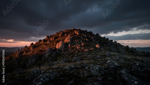 Dark Golgotha Hill Landscape Under a Moody Gloomy Sunset Sky