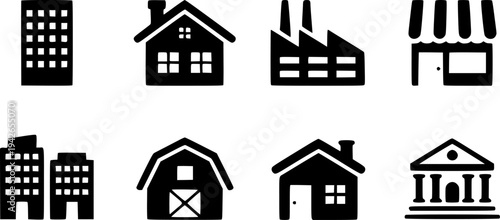 Collection of simple black building a white background house factory