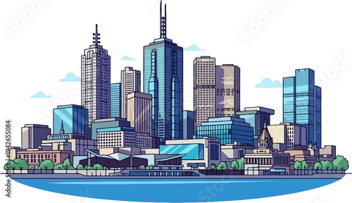 Pixel art city skyline with tall modern buildings and water in foreground