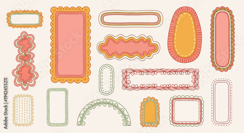 Collection of decorative hand-drawn frames and borders in various playful shapes and colors, perfect for creative projects