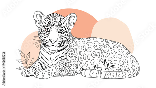 A beautiful black and white line art illustration of a leopard cub lying down, with abstract pastel shapes in the background for a modern touch.