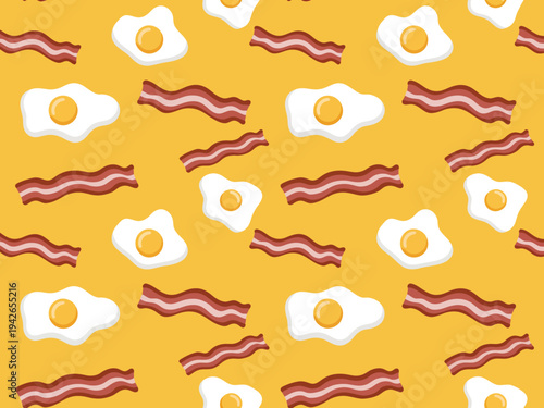 Flat seamless pattern of fried eggs and bacon strips yellow background breakfast