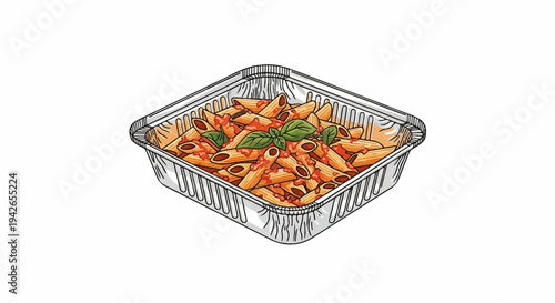 Penne pasta with tomato sauce and basil in a foil take-out container