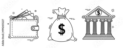 Minimalist financial icons: wallet, money bag, bank building