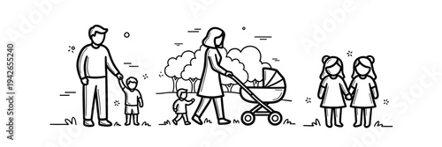 Caucasian family activities with children at park in minimalist line art