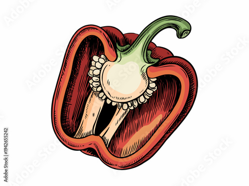 Detailed cross section of a ripe red bell pepper showing seeds and internal structure