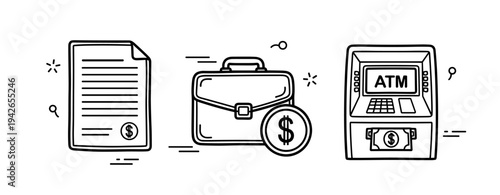 Financial icons: document, briefcase, and atm in black and white illustration