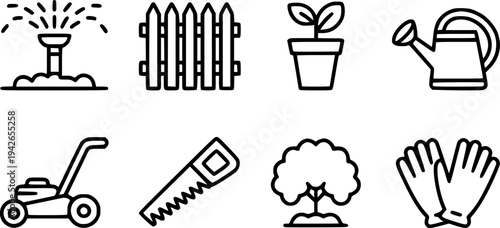Garden Tools and Sprinkler Fence Potted Plant Watering Can Lawn Mower Saw Tree Gloves